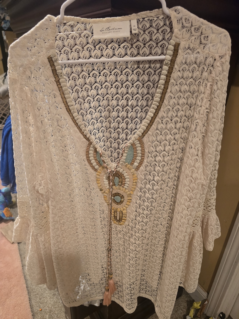 Cream Crochet Tunic with Embellished V-Neck
